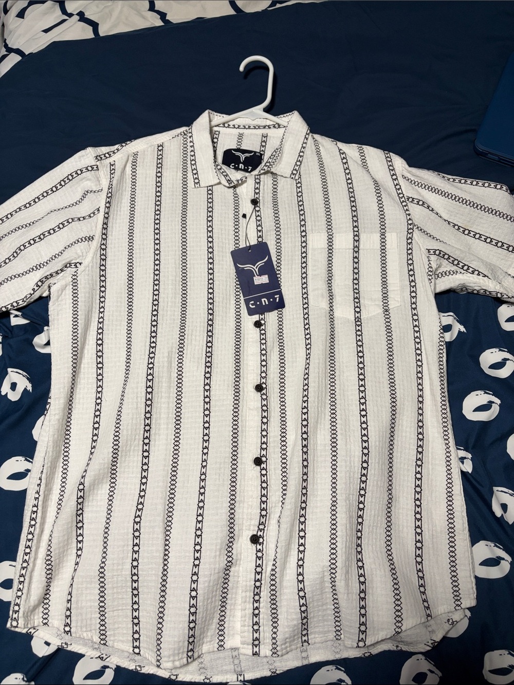 Men's White Button-Down Shirt with Navy Vertical Chain Stripe